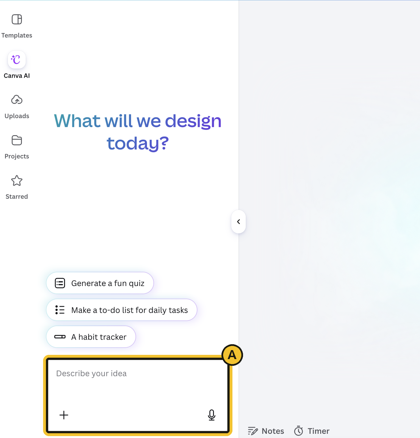 Editor Canva Code kosong dengan kotak Describe your idea ditanda