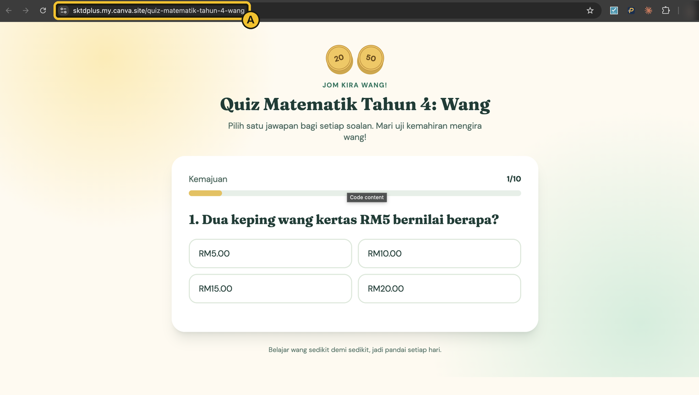 Kuiz Matematik Tahun 4 Wang dibuka di pelayar pada alamat my.canva.site, bar alamat ditanda