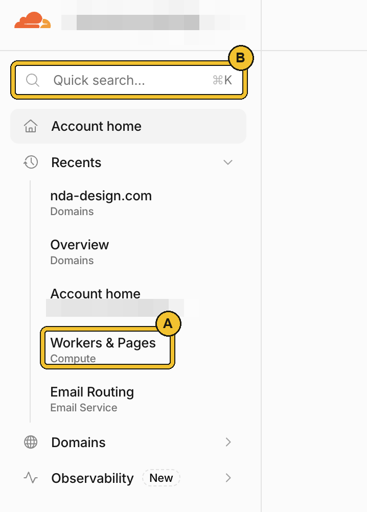 Menu kiri Cloudflare dengan Workers & Pages dan Quick search ditanda
