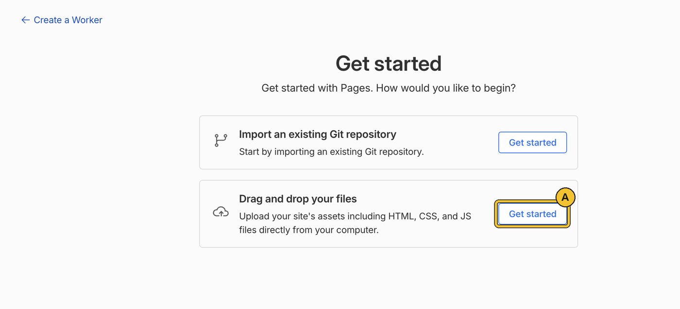 Skrin Get started dengan butang Get started untuk Drag and drop your files ditanda